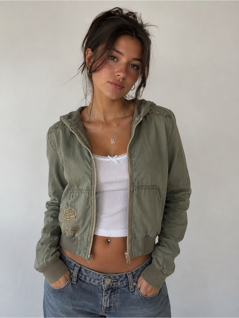 Y2K Embroidered Olive Green Hooded Zip Jacket Cropped Women Size Medium